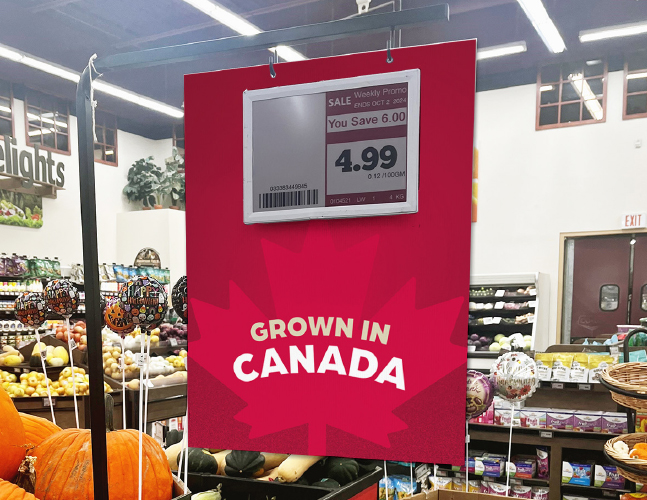 Grocery price sign saying Grown in Canada